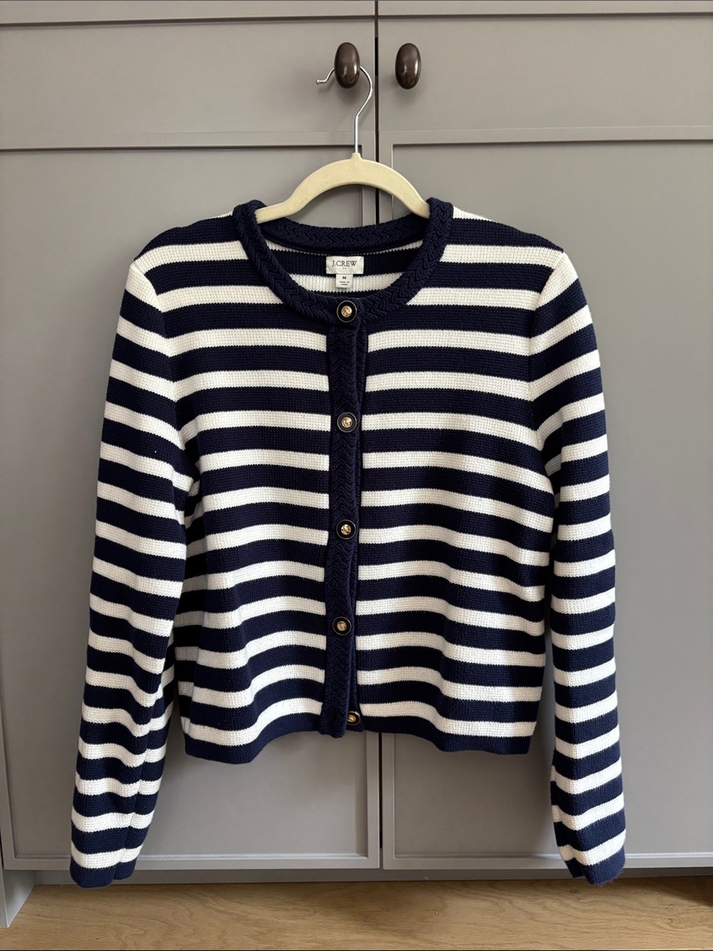 J. Crew Navy and White Striped Crewneck Cardigan